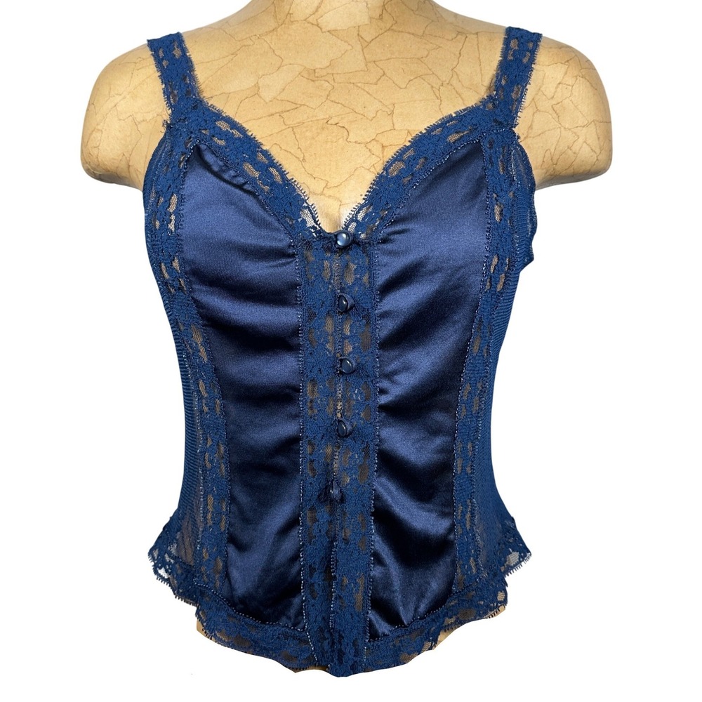 Vintage Henson Kickernick Navy Blue Lace Satin Corset Style Camisole Top Size 38
